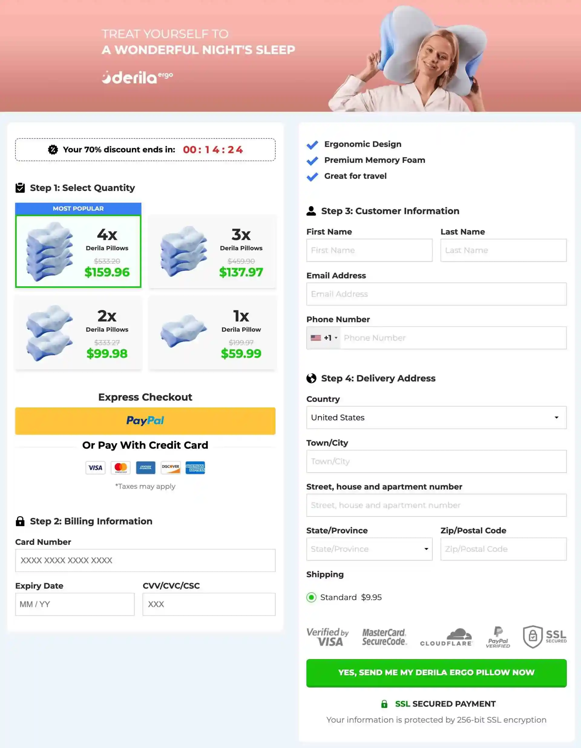 Derila Ergo Secure Checkout — Buy Best Pillow for Side Sleepers USA
